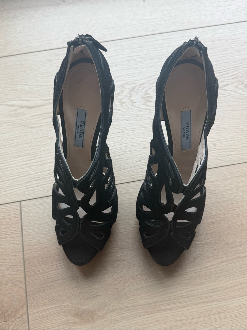 Prada Black Suede Cutout Platform Peep Toe Heels Size 37 - Picture 3 of 8